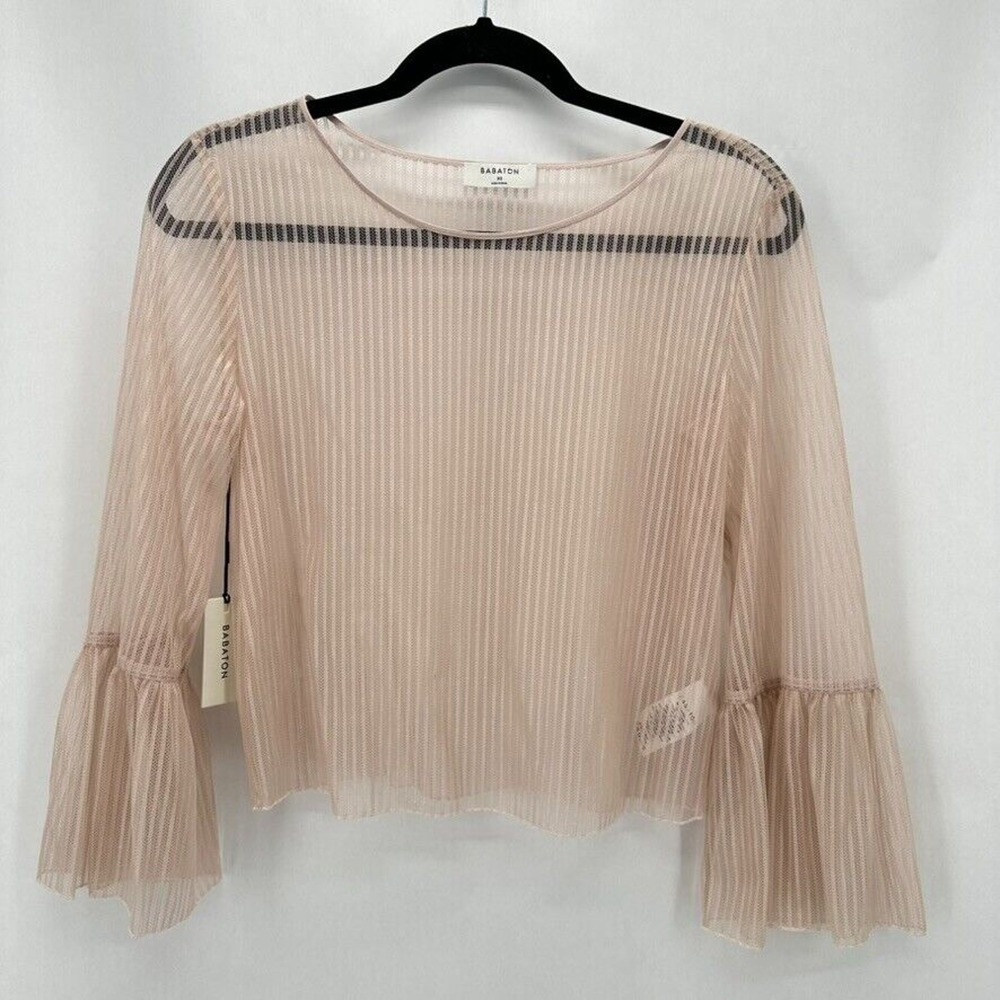 NWT Aritzia Babaton Humbert Blouse Womens XS Sheer Lace Mesh Pink Coquette Boho‎